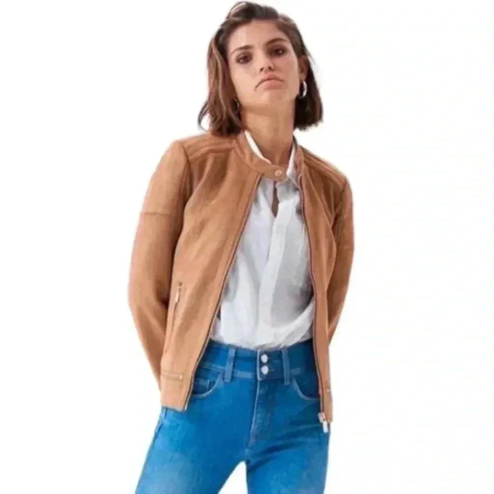 GAP Womens Vintage Moto Biker Wool Blend Tan Quilted Cropped Jacket Coat Small - Picture 5 of 15